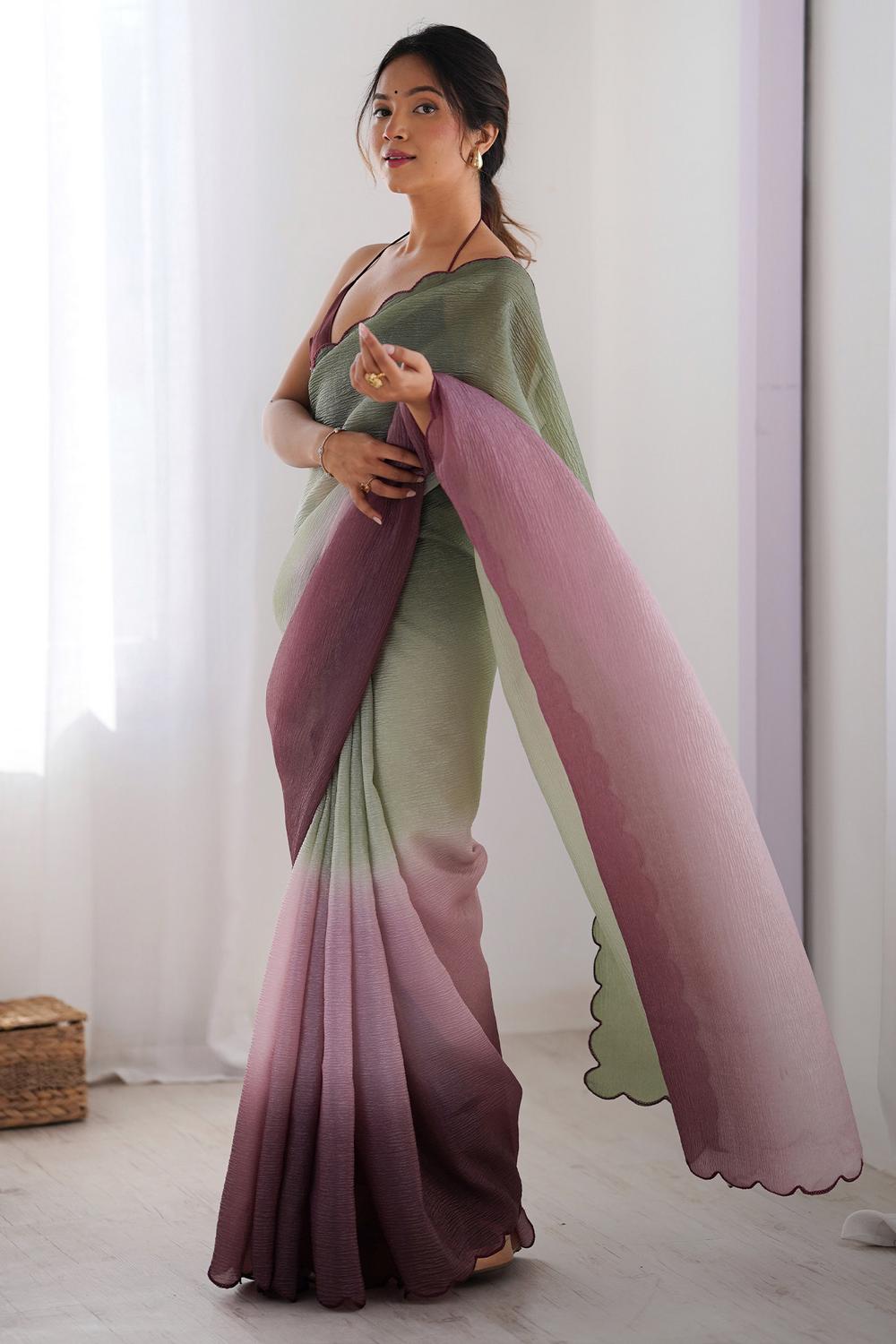 Ophelia Light Green and Wine Ombre Chiffon Embroidered Ready to Wear Saree