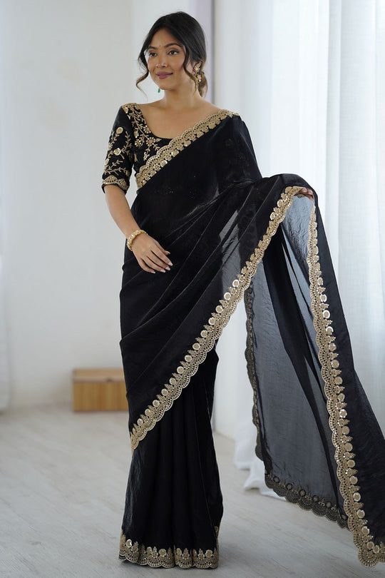 Lori Black Satin Saree with Embroidered Border Ready To Wear One Minute Saree