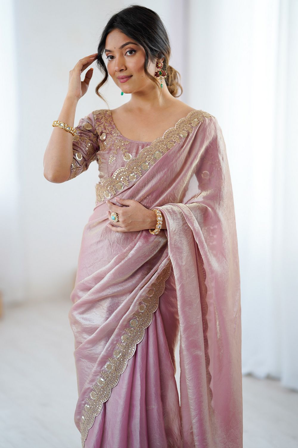 Lori Pink Tissue Saree with Embroidered Border Ready To Wear One Minute Saree