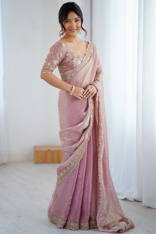 Lori Purple Tissue Saree with Embroidered Border Ready To Wear One Minute Saree