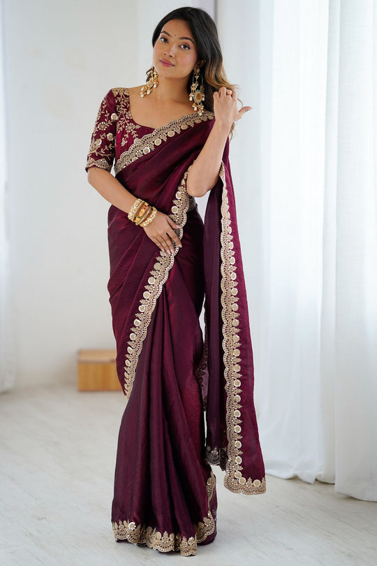Lori Burgundy Tissue Saree with Embroidered Border Ready To Wear One Minute Saree