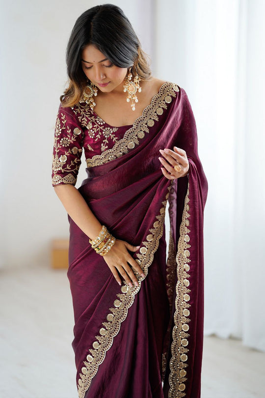 Lori Burgundy Tissue Saree with Embroidered Border Ready To Wear One Minute Saree