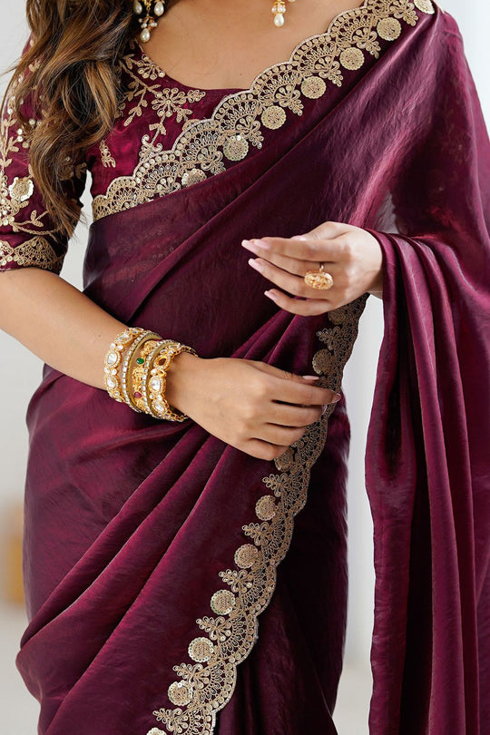 Lori Burgundy Tissue Saree with Embroidered Border Ready To Wear One Minute Saree