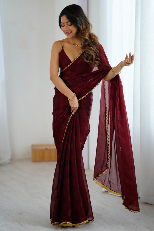Mari Burgundy Chiffon Designer Border Ready to Wear Saree