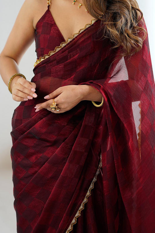 Mari Burgundy Chiffon Designer Border Ready to Wear Saree