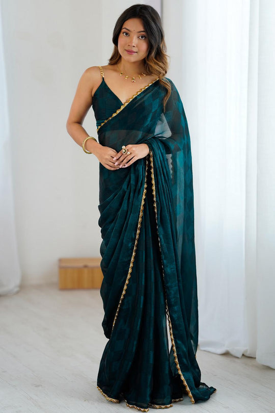 Mari Teal blue Chiffon Designer Border Ready to Wear Saree