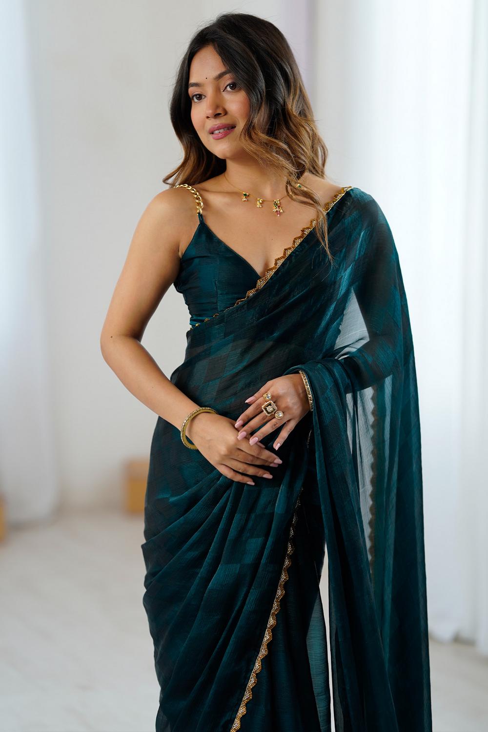 Mari Teal blue Chiffon Designer Border Ready to Wear Saree