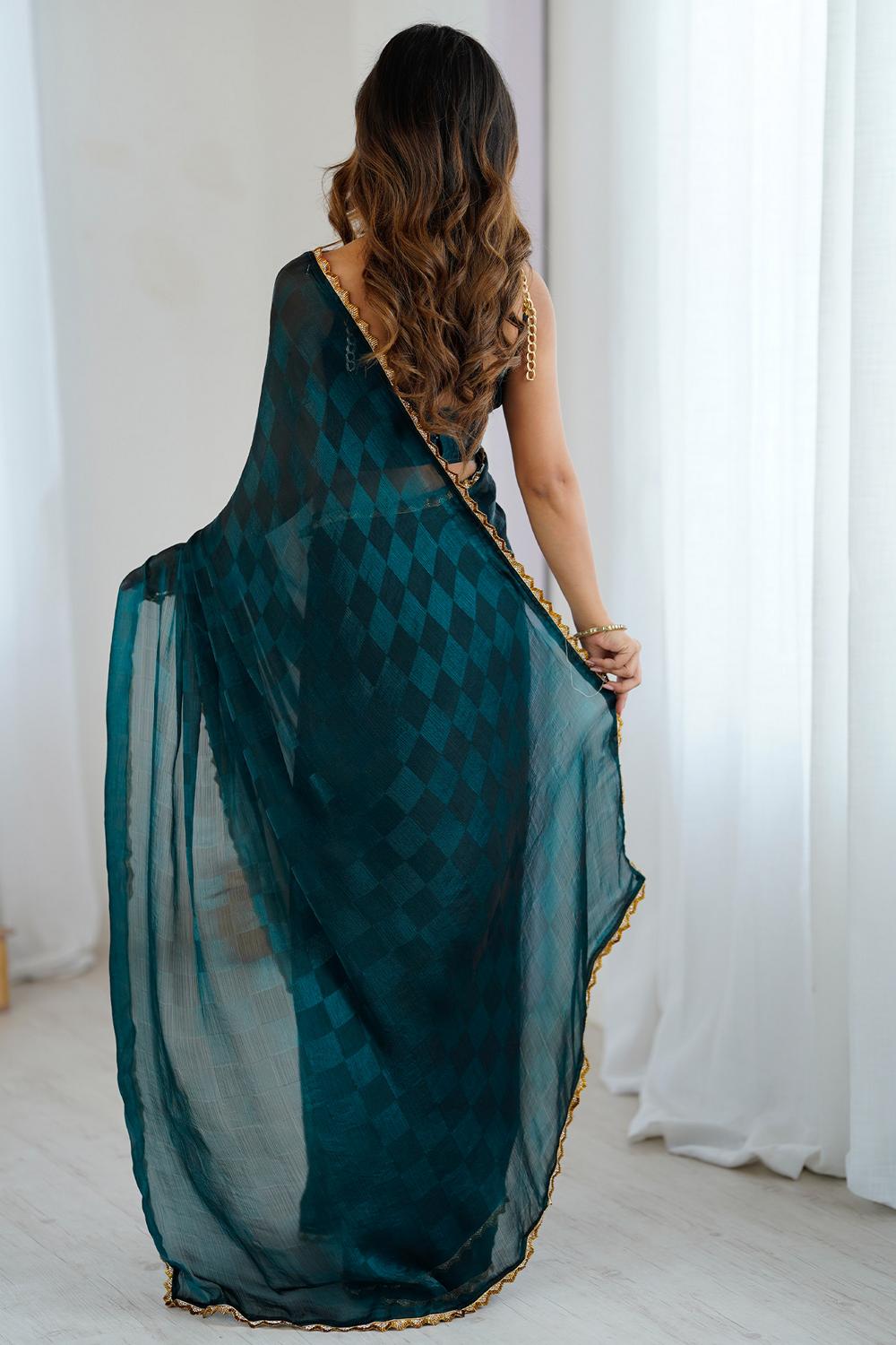 Mari Teal blue Chiffon Designer Border Ready to Wear Saree