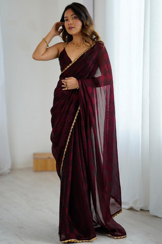 Mari Wine Red Chiffon Designer Border Ready to Wear Saree