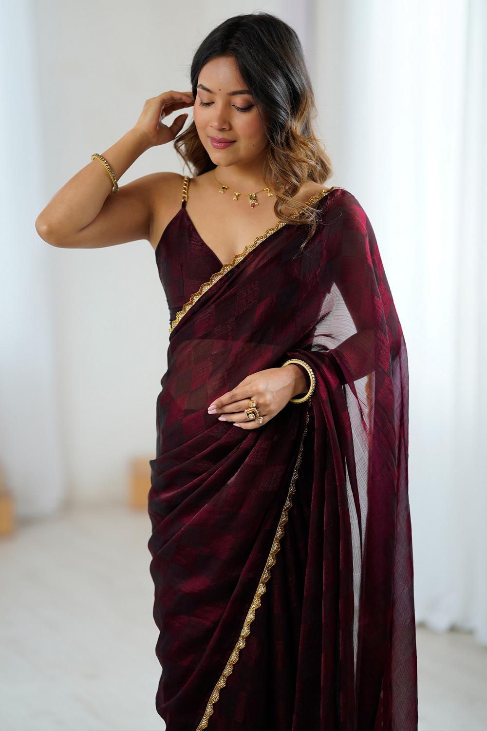 Mari Wine Red Chiffon Designer Border Ready to Wear Saree