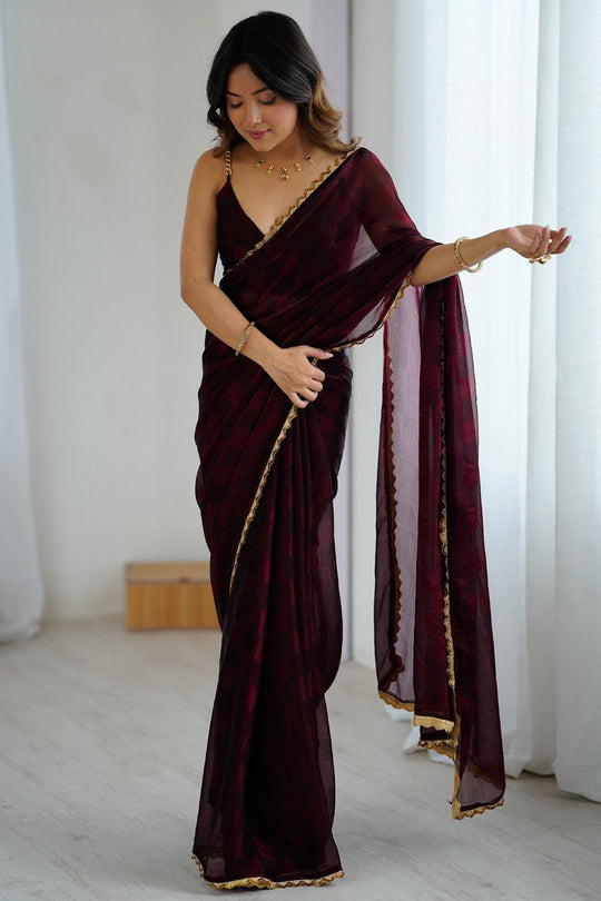 Mari Wine Red Chiffon Designer Border Ready to Wear Saree