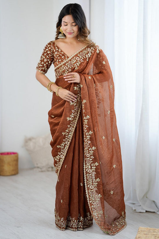 Farah Rust Brown Chiffon Floral Embroidered Border Ready to Wear Saree