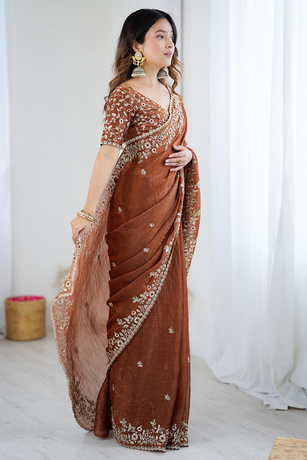 Farah Rust Brown Chiffon Floral Embroidered Border Ready to Wear Saree