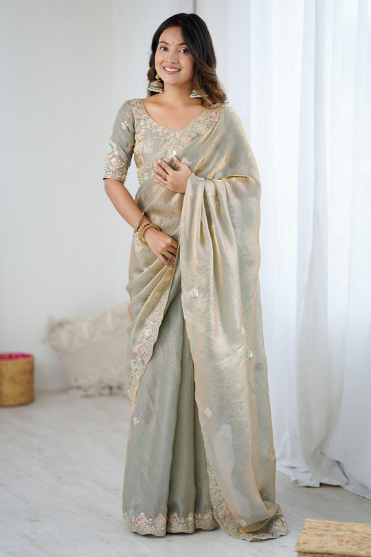 Farah Beige Satin Embellished Border Ready to Wear Saree
