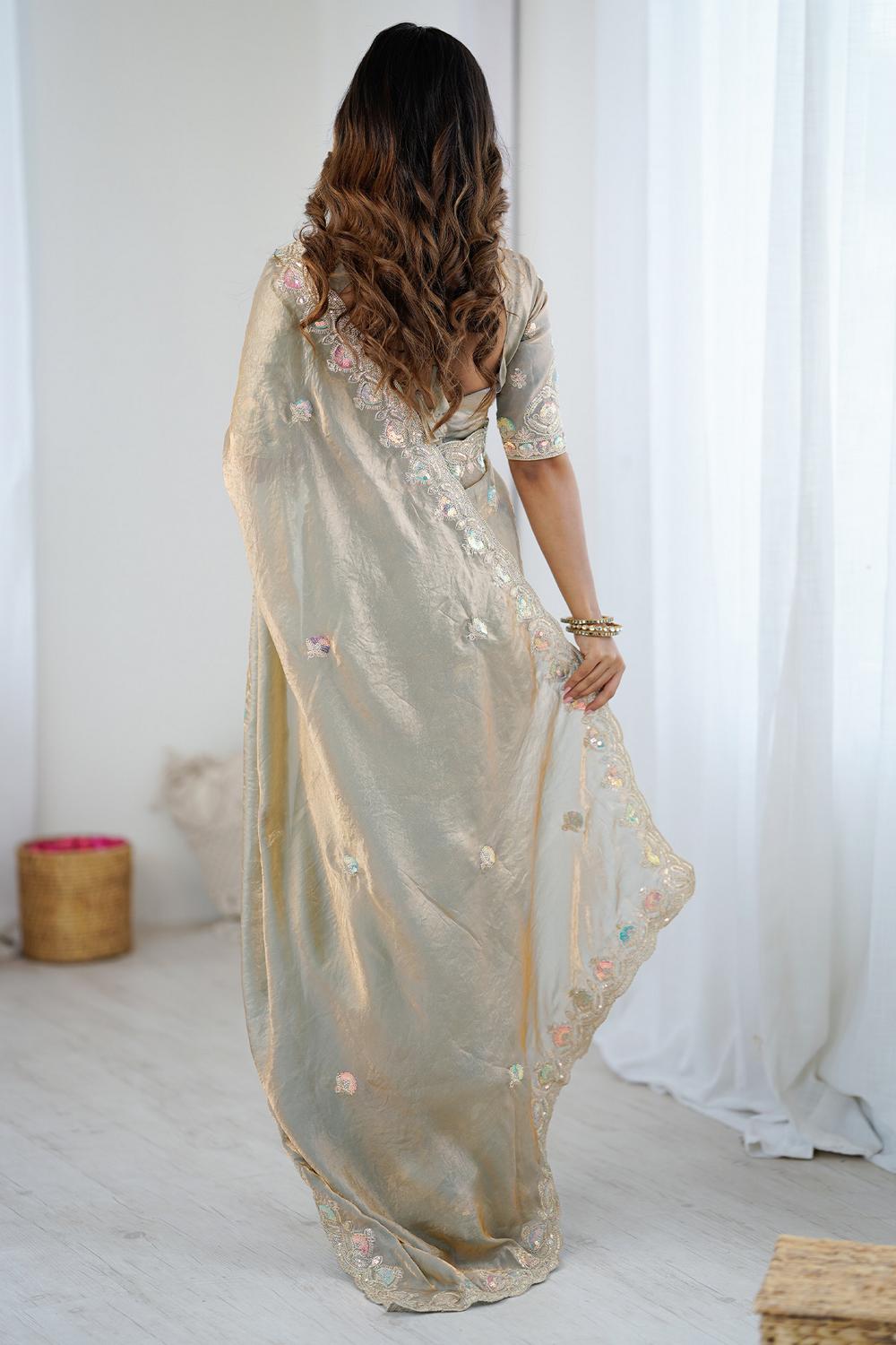 Farah Beige Satin Embellished Border Ready to Wear Saree