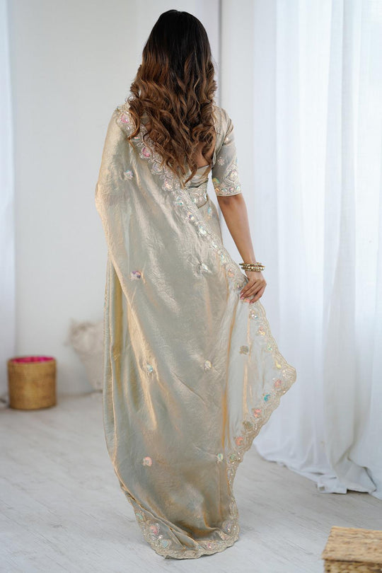 Farah Beige Satin Embellished Border Ready to Wear Saree