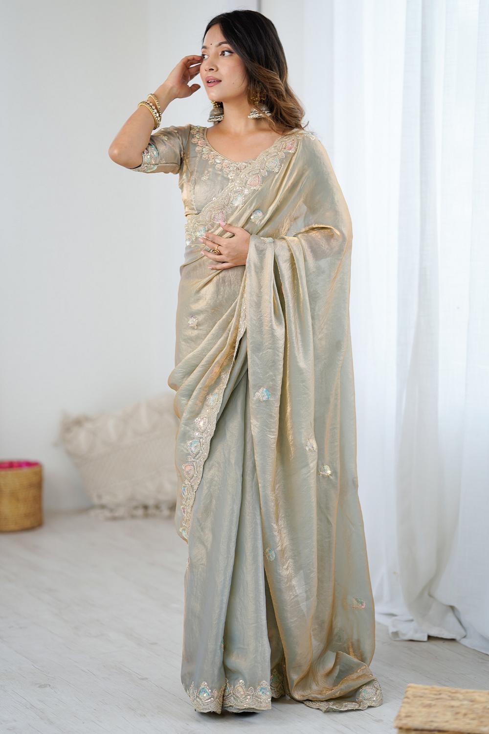Farah Beige Satin Embellished Border Ready to Wear Saree