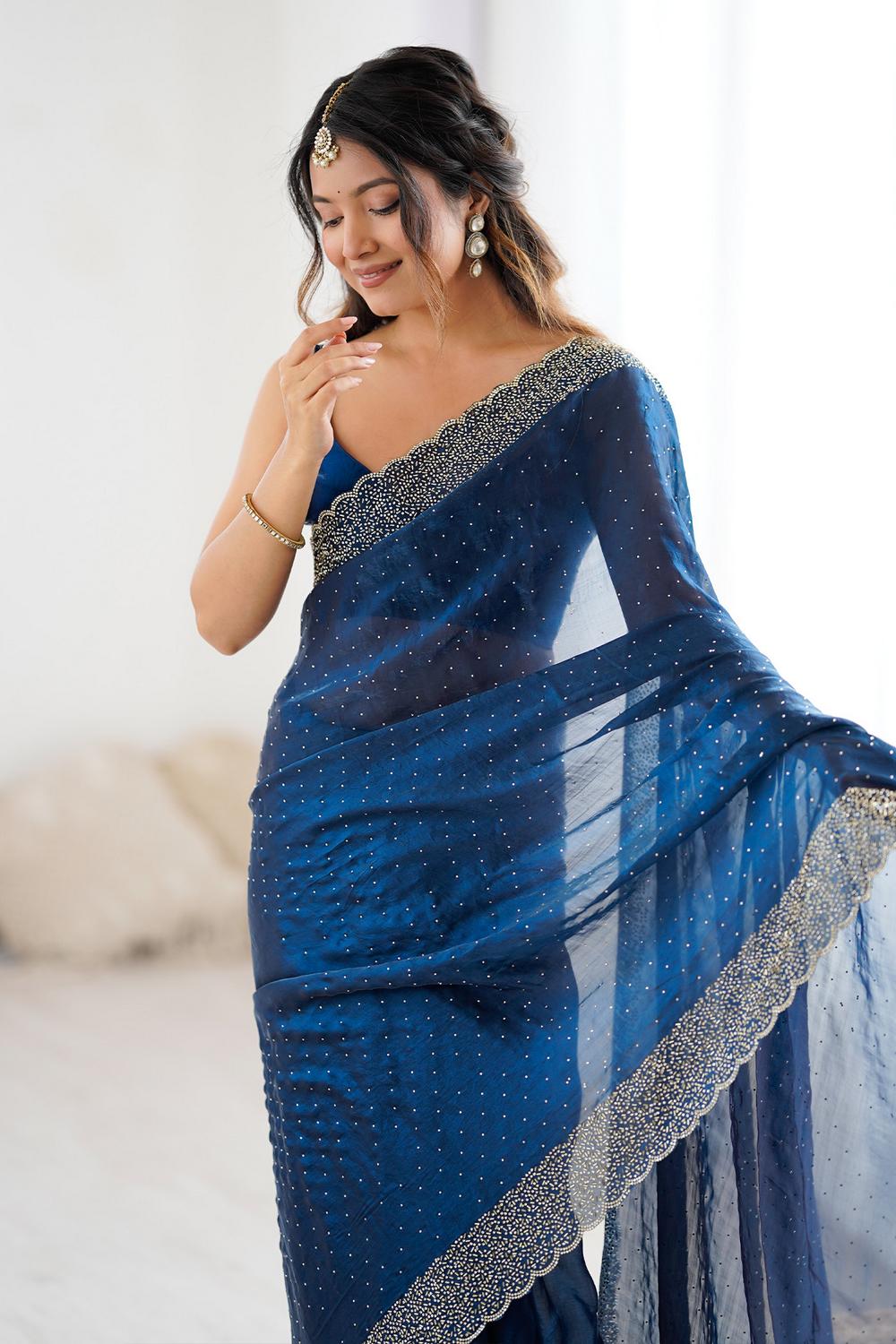 Ilanova Teal Blue Satin Embellished Ready to Wear SareeTeal Blue Satin Embellished Ready to Wear Saree