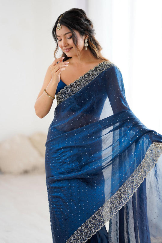 Ilanova Teal Blue Satin Embellished Ready to Wear SareeTeal Blue Satin Embellished Ready to Wear Saree