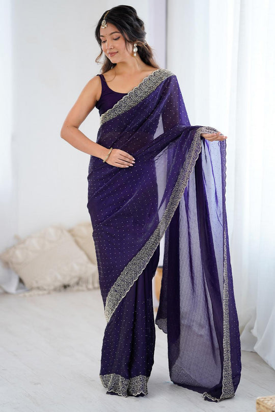 Ilanova Teal Blue Satin Embellished Ready to Wear Saree