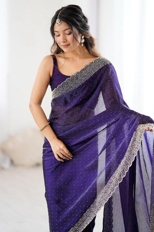 Ilanova Teal Blue Satin Embellished Ready to Wear Saree