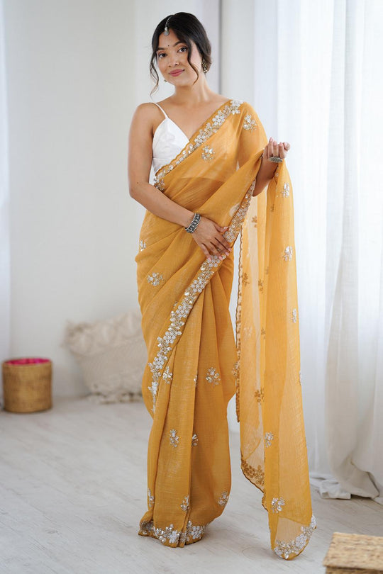 Isabella Mustard Chiffon Cutwork Border Ready to Wear Saree