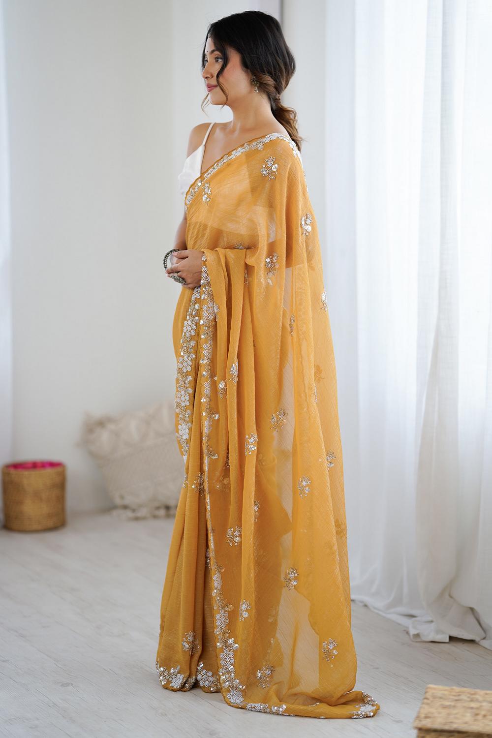Isabella Mustard Chiffon Cutwork Border Ready to Wear Saree