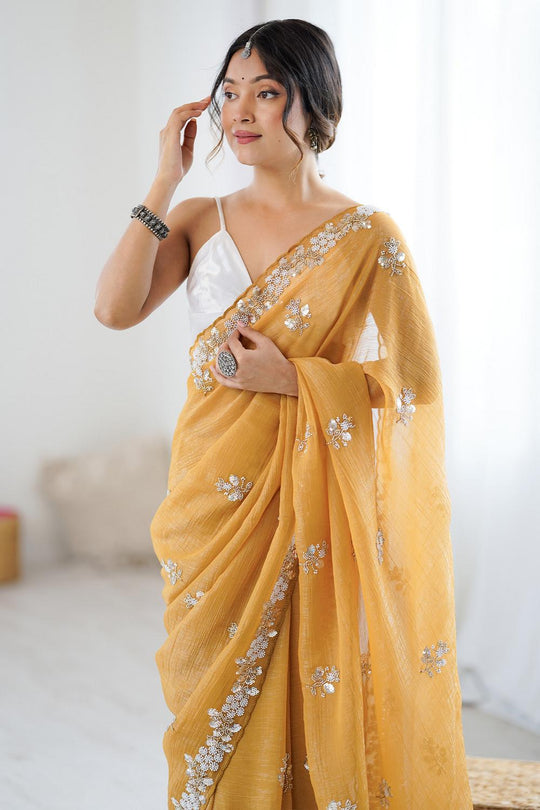 Isabella Mustard Chiffon Cutwork Border Ready to Wear Saree