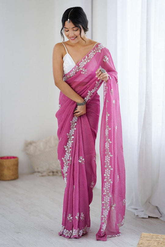 Isabella Pink Chiffon Cutwork Border Ready to Wear Saree