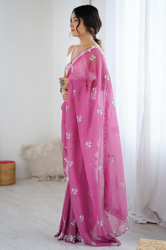 Isabella Pink Chiffon Cutwork Border Ready to Wear Saree