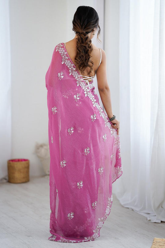 Isabella Pink Chiffon Cutwork Border Ready to Wear Saree