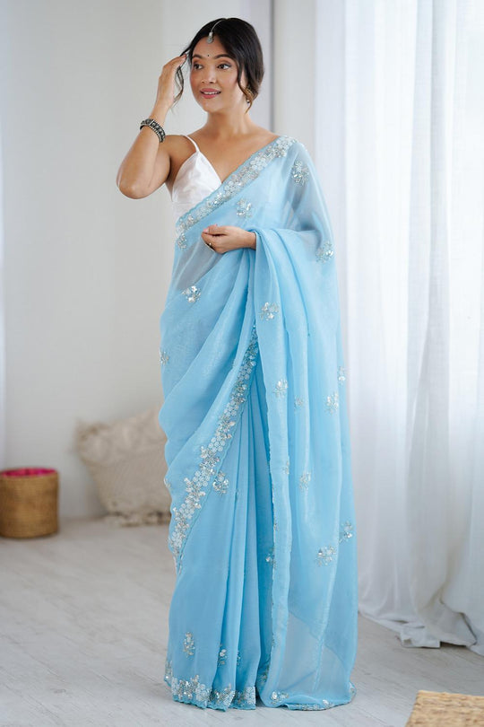 Isabella Light Blue Chiffon Cutwork Border Ready to Wear Saree