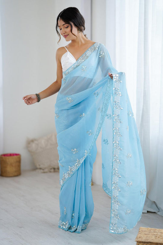 Isabella Light Blue Chiffon Cutwork Border Ready to Wear Saree