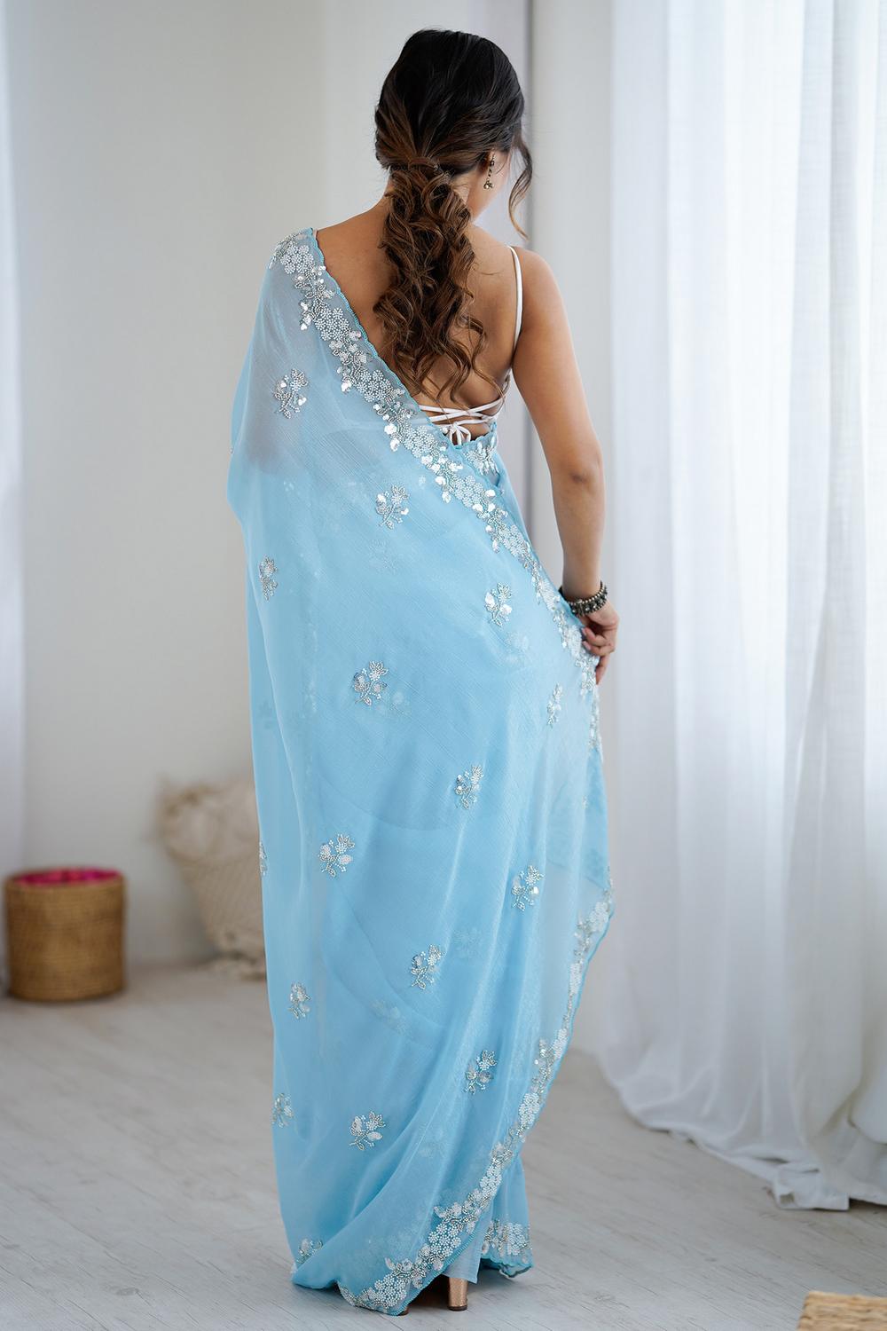 Isabella Light Blue Chiffon Cutwork Border Ready to Wear Saree