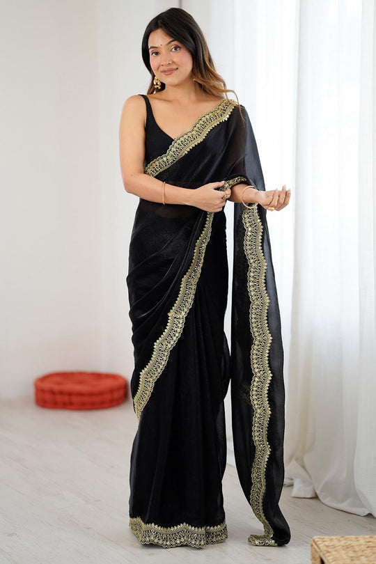 Kensie Black Satin Zari Work Border Party Wear Ready to Wear Saree