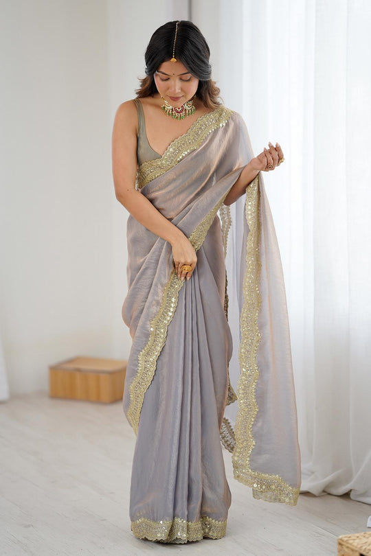 Kensie Grey Satin Zari Work Border Party Wear Ready to Wear Saree