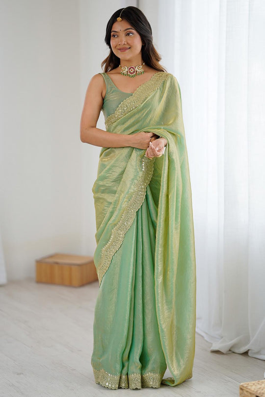 Kensie Green Satin Zari Work Border Party Wear Ready to Wear Saree