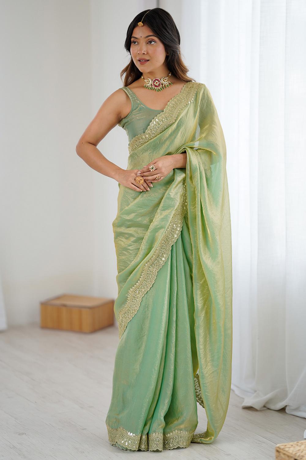 Kensie Green Satin Zari Work Border Party Wear Ready to Wear Saree