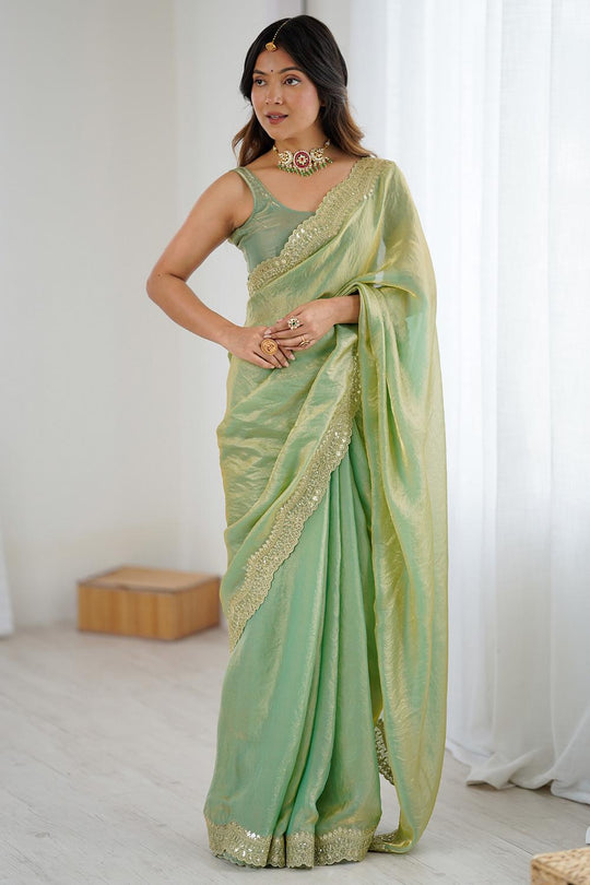 Kensie Green Satin Zari Work Border Party Wear Ready to Wear Saree