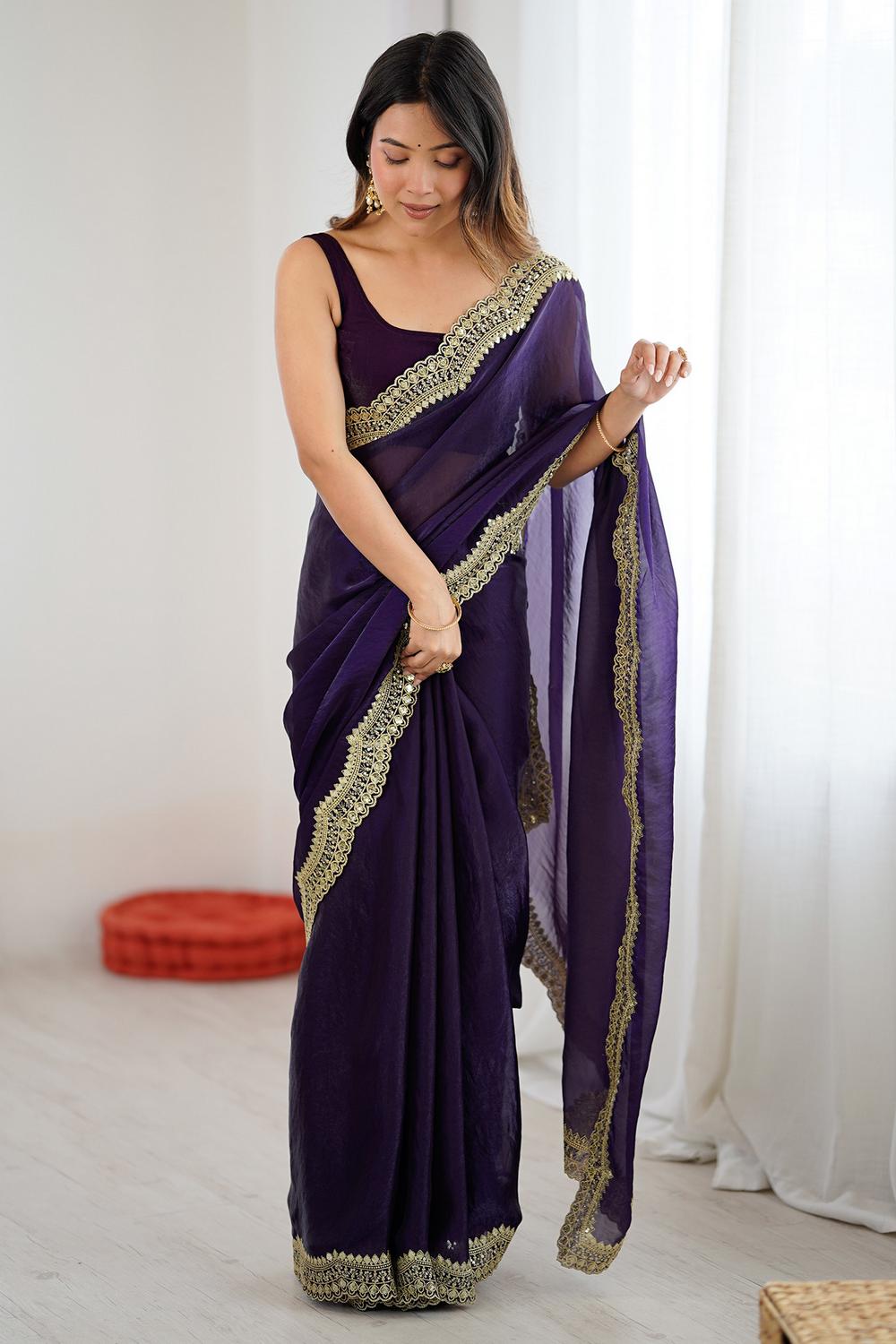 Kensie Purple Satin Zari Work Border Party Wear Ready to Wear Saree