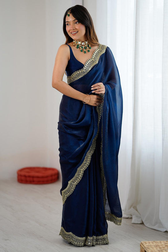 Kensie Navy Blue Satin Zari Work Border Party Wear Ready to Wear Saree
