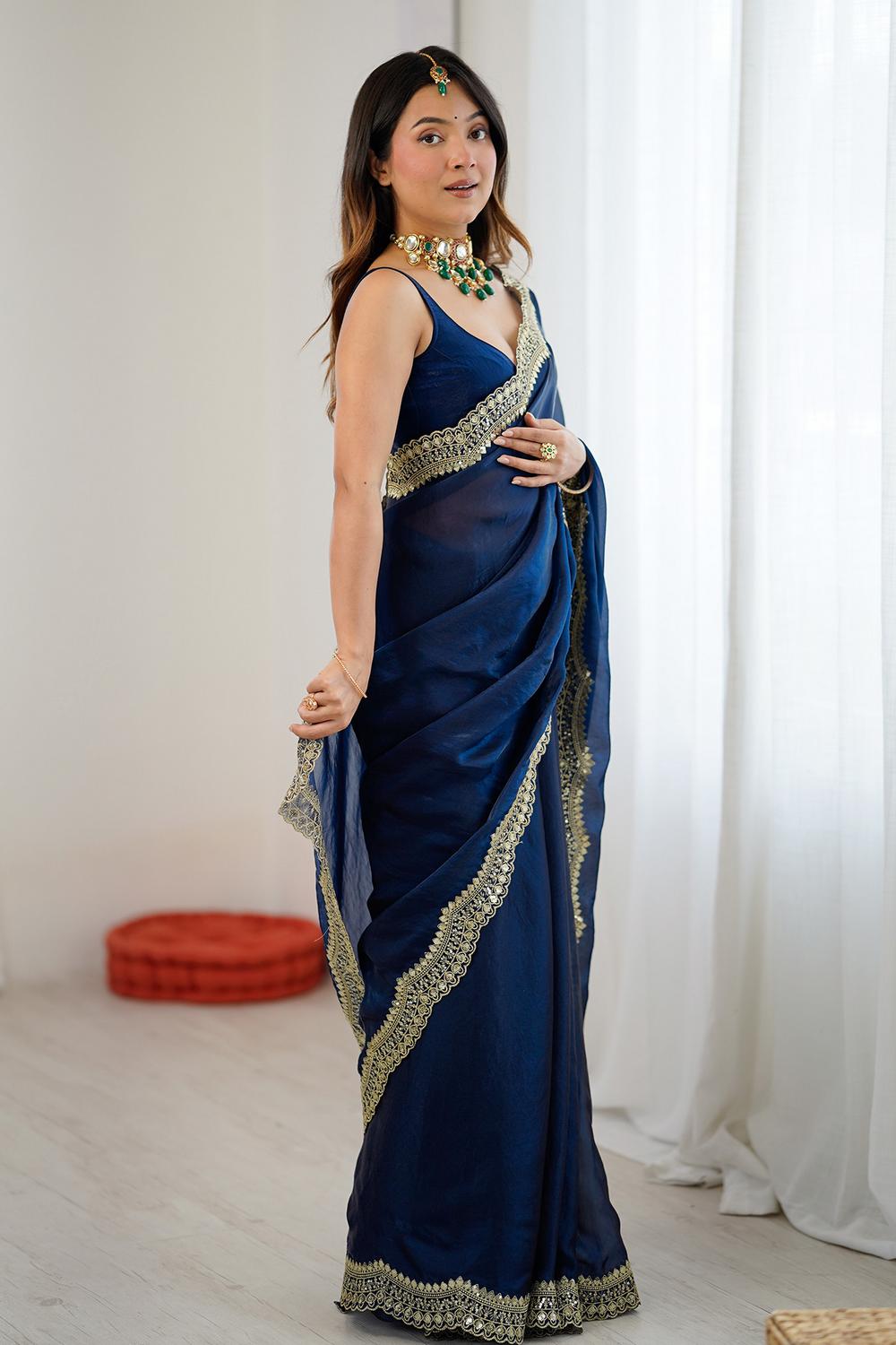 Kensie Navy Blue Satin Zari Work Border Party Wear Ready to Wear Saree