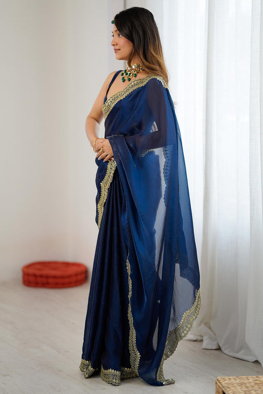 Kensie Navy Blue Satin Zari Work Border Party Wear Ready to Wear Saree