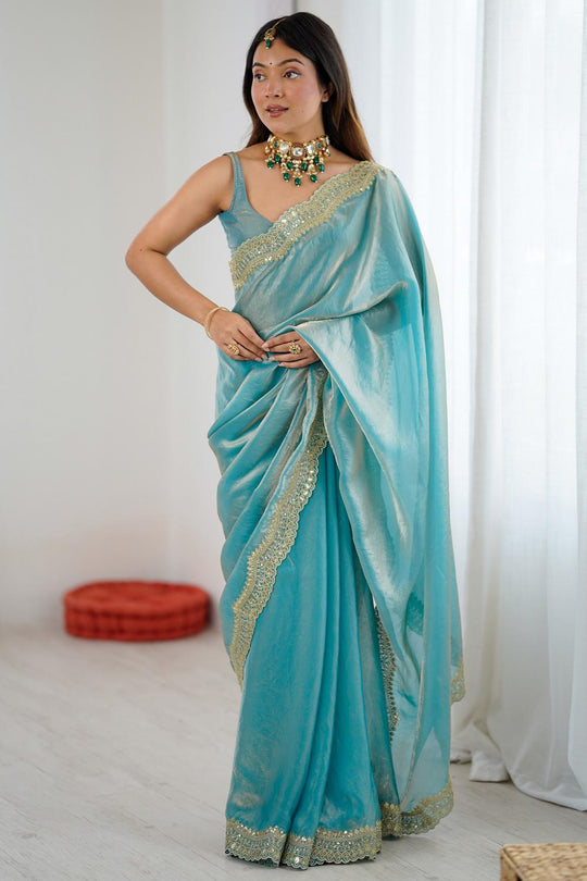 Kensie Light Blue Satin Zari Work Border Party Wear Ready to Wear Saree