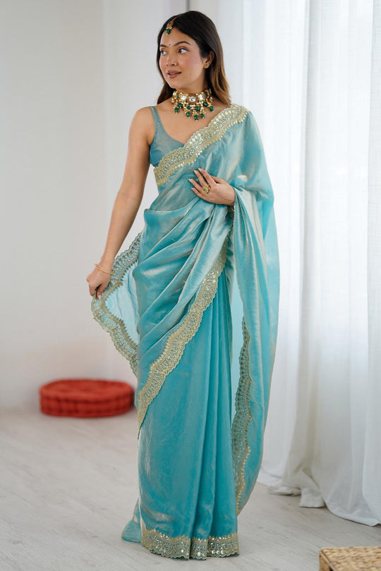 Kensie Light Blue Satin Zari Work Border Party Wear Ready to Wear Saree