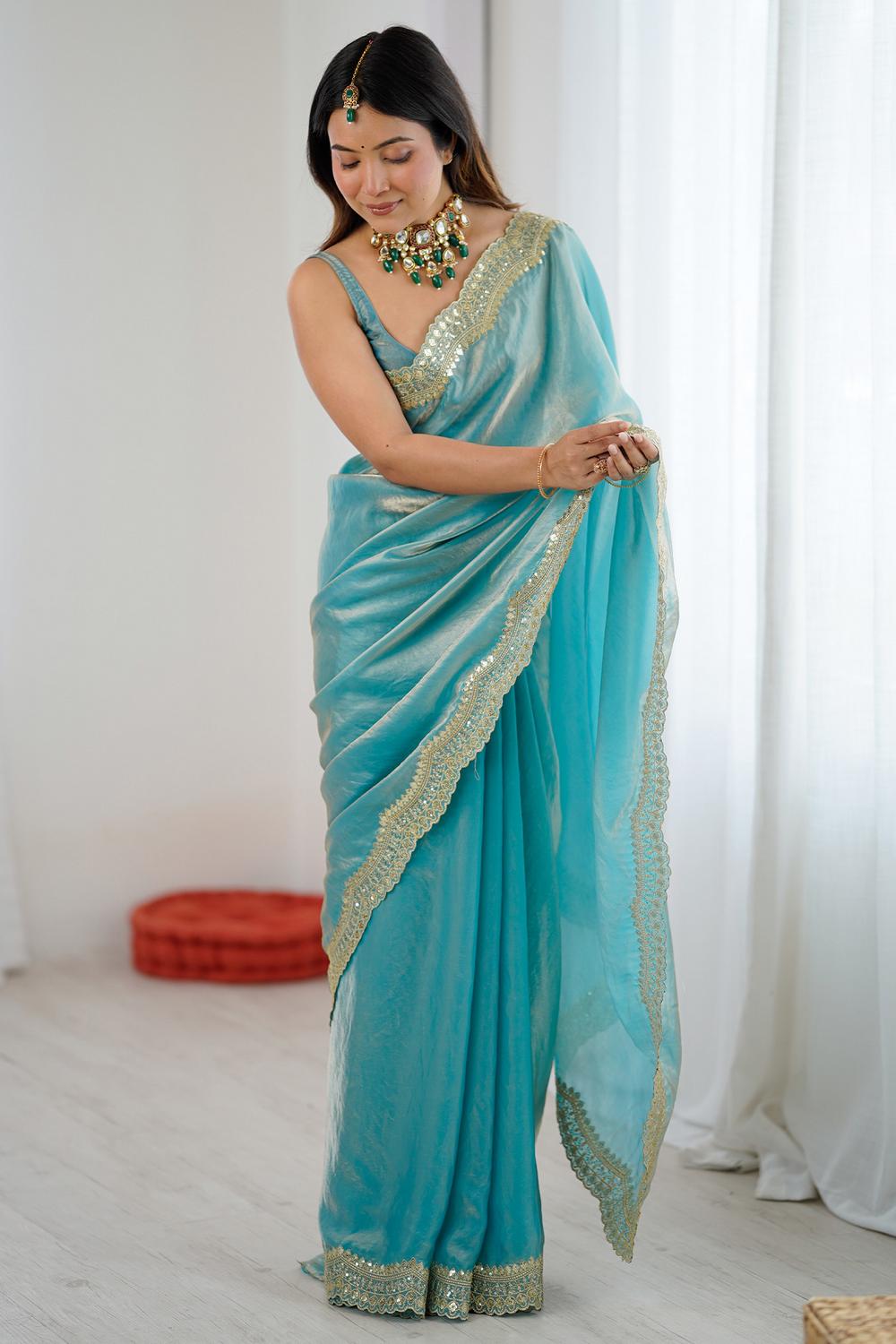 Kensie Light Blue Satin Zari Work Border Party Wear Ready to Wear Saree