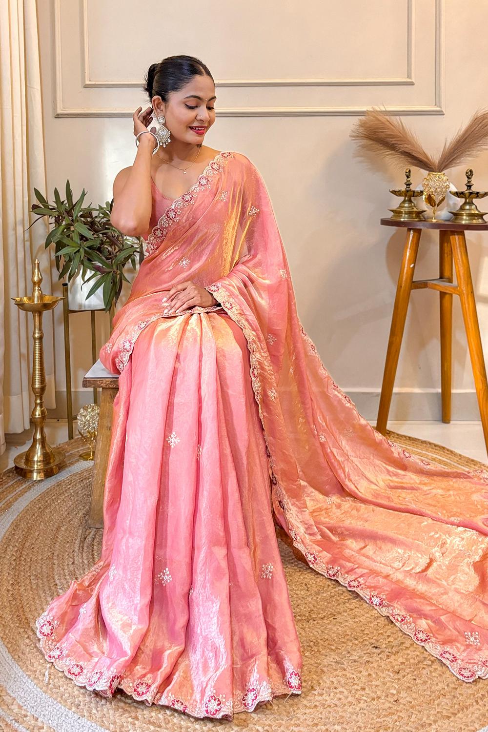 Yasmine Peach Satin Floral Embroidered Scalloped Border Ready to Wear Saree