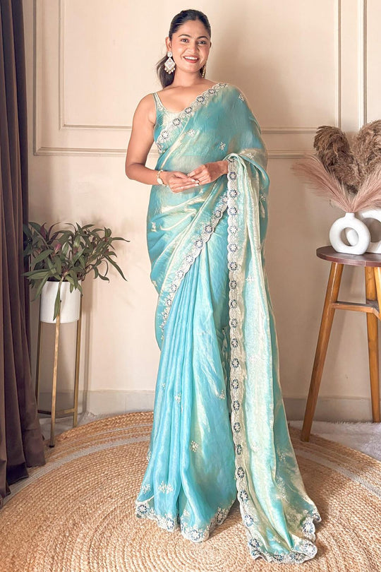 Yasmine Light Blue Satin Floral Embroidered Scalloped Border Ready to Wear Saree