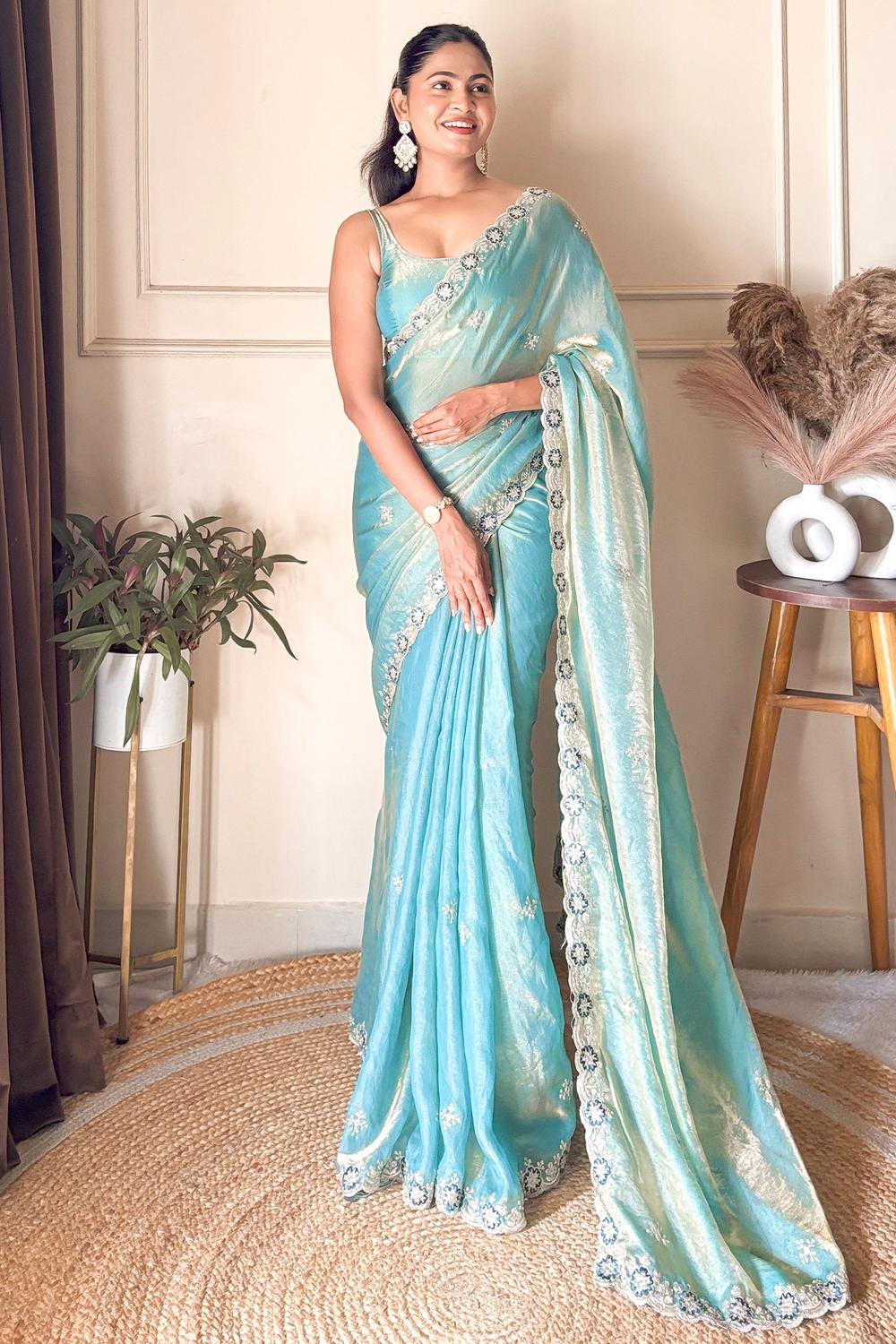 Yasmine Light Blue Satin Floral Embroidered Scalloped Border Ready to Wear Saree