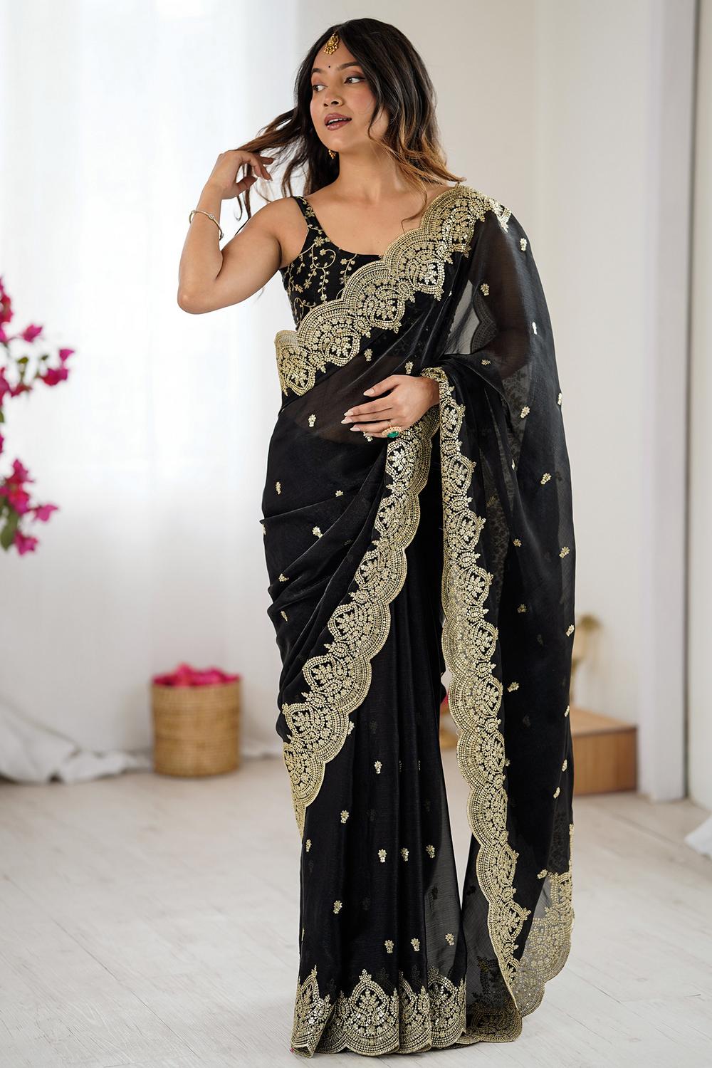Candie Black Chiffon Gold Cutwork Border Embroidered Ready to Wear Saree